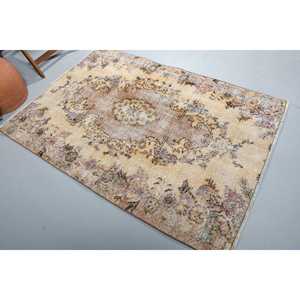 4x5.8 ft Accent Turkish Rug, Vintage Rug, <b>Brown</b> Purple Check <b>Wool</b> Rug - Product Image 1