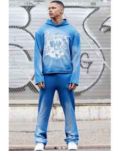 Personalizado Vintage invierno Sudadera con capucha pantalones de chándal Jogger conjunto de dos piezas Puff impreso acampanado Rhinestone Sunfaded ácido lavado hombres chándales - Product Image 1