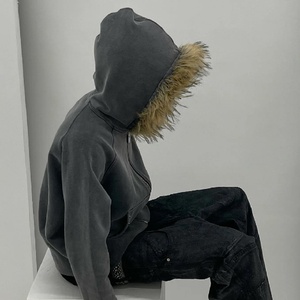 Haute qualité 100% coton français éponge fourrure à capuche pour hommes usine Direct PULLOVER pierre poche fermeture éclair surdimensionné goutte hiver - Product Image 5