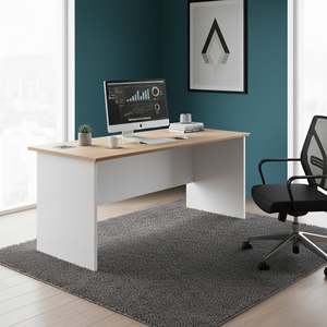 Bureau en placage de bois mélaminé naturel avec découpes pour câbles, base blanche solide, design minimaliste moderne en forme de L pour bureau et chambre à coucher - Product Image 2