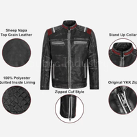 Blouson Moto Homme en Cuir Véritable Effet Vieilli, Style Cafe Racer, Noir avec Rayures Rouges, Col Montant, Cuir Ciré Vintage