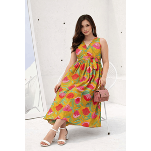 Robe d'été à taille empire à motif floral avec ceinture assortie, robe décontractée respirante pour la journée - Product Image 5