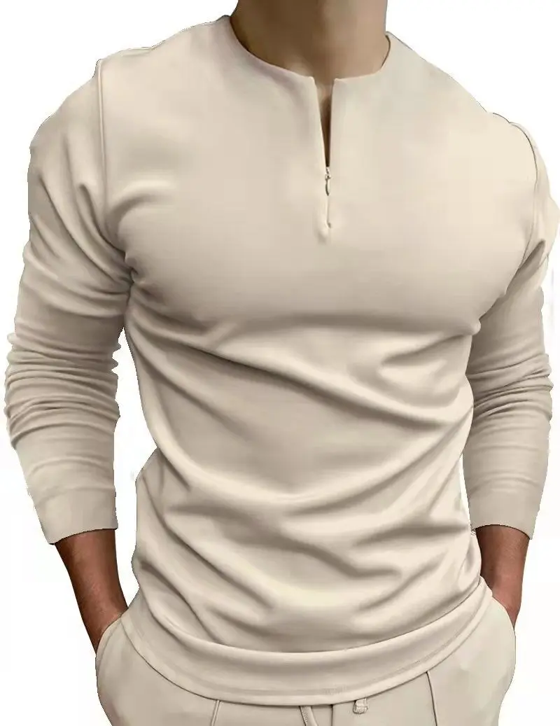 2022 Men's Casual Polo Shirt Khaki Collarless Long Sleeve Zipper Design Top Harajuku Men Streetwear Men's Fashion S-3XL