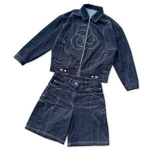 <b>Jacket</b> Two Piece Denim Short SetsManufacturers Custom Your Shorts <b>Men</b> Streetwear Distressed Denim Patch Trucker - Product Image 1