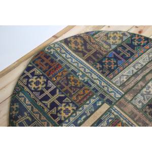 Alfombra Turca Vintage de Patchwork, 3.9x3.9 pies (120x120 cm), Alfombra de Lana Verde con Diseño Geométrico - Product Image 5