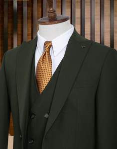 65% Polyester 35% Viscose Vert Foncé Hommes Costume avec Cravate Jaune avec Gilet Moderne Slim Fit Tenue Élégante pour les Mariages D'affaires - Product Image 2