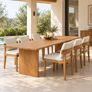 Conjunto de Mesa de Comedor de Madera de Teca Moderna para Exteriores con Sillas Tapizadas para Patio, Jardín, Cafetería, Restaurante, Proyectos Hoteleros - Product Image 2