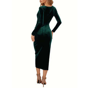 Robe mi-longue en velours pour femme, col enroulé, taille froncée, manches longues, 27722 - Vert - Product Image 4