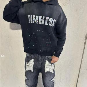 Sweat à capuche pour homme de luxe 400GSM, coupe ample, avec strass et délavage acide vieilli, sweat à capuche personnalisé avec strass - Product Image 6