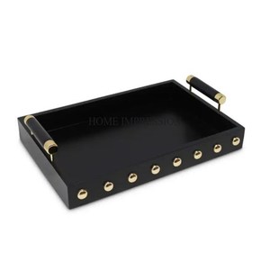 Bandeja hecha de metal resistente de color negro con mango de diseñador de lujo único chapado en oro bandeja de servicio centro de mesa y decoración - Product Image 5