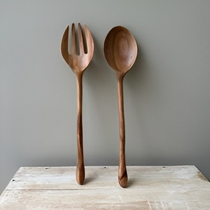 Ensemble de serveurs à salade en bois fini mat de taille standard de luxe moderne de qualité supérieure poignée en pierre de marbre pour les couverts essentiels de cuisine - Product Image 6