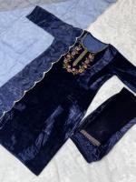 Ensemble de costume pakistanais en velours pur Kurti Pant Dupatta avec broderie à la main sur le col, manches trois quarts et dupatta en tulle