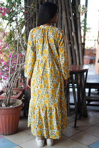 Vestido Estampado a Mano, Túnica India, Vestido Estampado a Mano, Mangas Largas, Cuello Mao, Estampado Floral, Vestido Largo Maxi para Mujer - Product Image 3