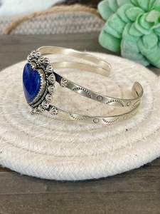 Sterling Silver Heart Shaped Cuff <b>Fine</b> <b>Bangle</b> with Lapis Gemstone - Product Image 2