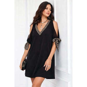 Robe courte à manches courtes et col en V pour femme, 35970 - Noir - Product Image 3