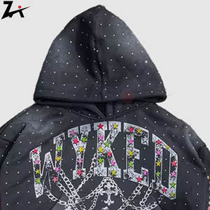 Sudadera con capucha desgastada con diamantes de imitación para hombres y mujeres Hip Hop bordado de letras sudadera informal de gran tamaño ropa de calle de moda - Product Image 2