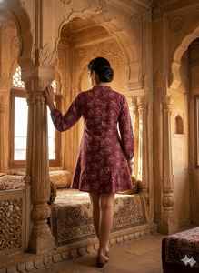 Robe tunique midi imprimée numérique bordeaux, col mandarin, en coton, pour femme, style ethnique bohème, artisanat indien, lavable, naturelle - Product Image 3