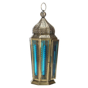 2025 Antique Brass <b>Tall</b> Hexagon <b>Lantern</b> Ramadan Special Moroccan Home Decoration Light Blue Colored Glass Floor <b>Lantern</b> - Product Image 2