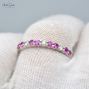Bague d'éternité 100% naturelle 2 mm saphir rose et diamant blanc pierre précieuse coupe ronde bague en or blanc véritable 14k à prix réduit - Product Image 4