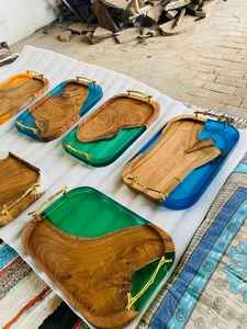 Premium Artisan Turquoise Epoxy Resin Walnut Wood Deep <b>Serving</b> <b>Tray</b> <b>With</b> Integrated <b>Handles</b> For Hotel Restaurant Kitchen Platter - Product Image 4