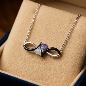 Collier infini en zircon plaqué rhodium avec pendentif cœur personnalisé avec pierre de naissance - Product Image 5