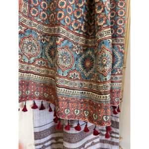Ajrakh Handloomed Double Sided Quilted <b>Wool</b> and Silk Shawl Pomegranate Tile/ Sienna Geometric Design Hand Drawn Printing - Product Image 1
