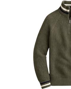 Manufacturer Mens Quarter Zip Knit Sweater Olive Green Ribbed Texture Stripe Collar High Neck Warm Winter Pullover OEM Custom - Product Image 2