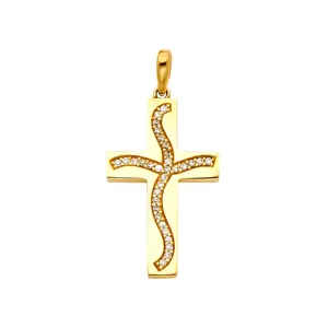 14K Geel Verguld Wuivende Curve Cross Cubic Zirconia Sprankelende Charme Hanger Religieuze Mode Accessoire