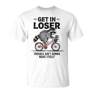 Camiseta Get In Loser Raccoon Bike con diseño divertido de animales, unisex, para adultos, cuello redondo, manga corta, promocional - Product Image 1