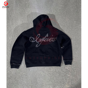 Streetwear personnalisé coton lourd brodé strass Logo recadrée fermeture éclair à capuche hommes surdimensionné bouffée impression Vintage - Product Image 3