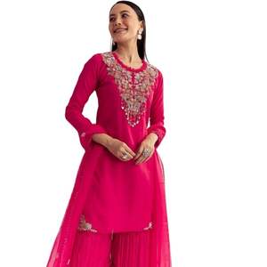 Rani Pink Organza Bordado Kurta Set con Dupatta para Mayorista Fiestas Festivas Bodas Recepciones Cultural y Bulk - Product Image 5