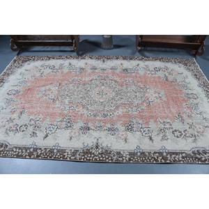 Tapis vintage 5,5x9 pieds, grand tapis turc, tapis en laine blanc et marron à bordures - Product Image 3