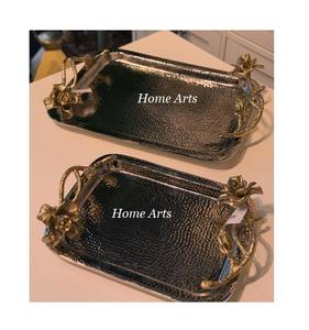 Ensemble de 3 plateaux de service en aluminium couleur argent pour le thé et le café de différentes tailles avec poignée en forme de fleur - Product Image 2