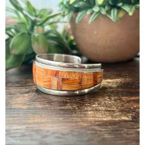 Rickell & Glendora Booqa Zuni Made Spiny Oyster and Sterling Silver Inlay Cuff Bracelet - Product Image 3