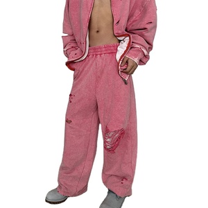 Fait sur mesure 2pc ensembles pour hommes lavage à l'acide Streetwear fermeture éclair ensembles vêtements pour hommes poids lourd en détresse deux pièces survêtement pour hommes - Product Image 2