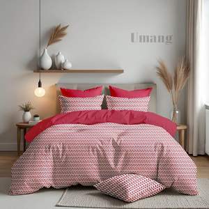 Ensemble de draps de lit géométriques modernes tissés de luxe, taille Queen, avec garnissage en polyester, tissu doux, imprimé rouge et blanc et 2 taies d'oreiller - Product Image 1