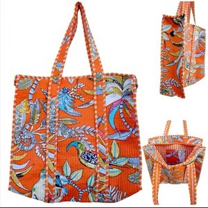 HIgh Quality Customised Affordable Radiant Orange Botanical Quilted <b>Tote</b> <b>Bag</b> - Handcrafted Sustainable Beach <b>Bag</b> - Product Image 3