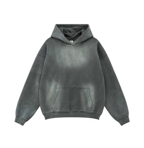 Venta caliente negro liso de gran tamaño Unisex Fit Sun-Fade Wash Fleece Pocket Pullover Sudaderas con capucha y sudaderas en blanco para hombres - Product Image 1