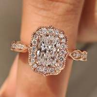 Bague de fiançailles pour femme en or rose 14 carats plaqué, style vintage, avec diamant de laboratoire taille radiant et monture milgrain, clarté VS1