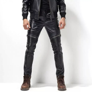 กางเกงหนังสไตล์ไบค์เกอร์สำหรับผู้ชาย แฟชั่นกางเกงมอเตอร์ไซค์ทรงเข้ารูป หนัง PU สตรีทแวร์ กางเกงขี่มอเตอร์ไซค์ ขายออนไลน์ - Product Image 6