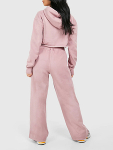 Haute qualité femmes éponge française 2 pièces ensemble coton polaire sweat à capuche court jambe large pantalon broderie cordon avant - Product Image 2