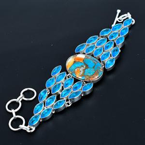 Bracelet Charme Artistique Fait Main en Argent Sterling 925 avec Pierre de Naissance Topaze Bleue et Huître Épineuse Orange Naturelle, Sertie en Lunette, Style Vintage - Product Image 2