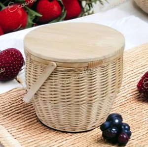 Handmade Rectangular Natural Wicker Craft Willow Picnic Storage Rattan <b>Baskets</b> <b>With</b> Cooler Wood Desk <b>with</b> <b>Lid</b> and Handle - Product Image 1