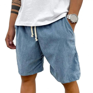 Pantalones cortos de pana retro de color sólido para hombre con cintura con cordón para una comodidad ajustable, perfectos para el trabajo, vacaciones en la playa - Product Image 1