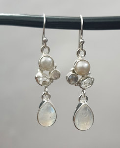 100% naturel arc-en-ciel pierre de lune poire perle herkimer diamant pierre précieuse 925 argent concepteur balancent 4.6 cm boucle d'oreille 7.29 gms bijoux - Product Image 2