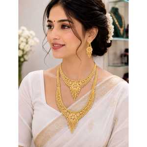Parure de bijoux de mariage plaquée or en alliage de cuivre, style Inde du Sud, comprenant un long collier et des boucles d'oreilles, pour mariée - Product Image 2
