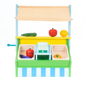 ROBINCOOL Jouet de supermarché en bois avec accessoires, comprend une auvent et une échaisse de marché pour enfants, jouets d'épicerie - Product Image 1