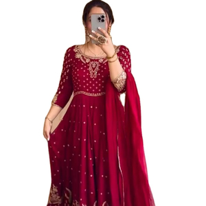 Soirée Soirée Fête Spéciale Magnifique Couleur Rouge Faux Georgette Tissu Travail Au Sol Manches 3/4 Motif Anarkali Robe Avec Dupatta - Product Image 1