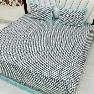 Modern 3pcs King Size Cotton Bedspread Set Hand Block Printed Sleek Floral Pattern for Home & <b>Hotel</b> Bedding <b>Collection</b> - Product Image 1