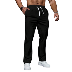 Mens Lightweight Casual Pants <b>Elastic</b> <b>Waist</b> Drawstring Straight Leg Breathable Quick Dry Summer Travel Lounge <b>Trousers</b> Black - Product Image 1